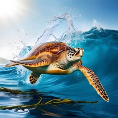 The image can be named Green Sea Turtle Swimming Underwater Near a Coral Reef