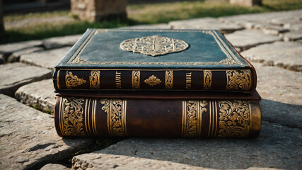 Worn leather bound book resting on a stone bench in a monastery