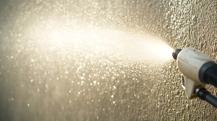 High-pressure washer in action, erasing thick algae growth from a rough concrete wall, with water jets creating intricate patterns as they remove the grime