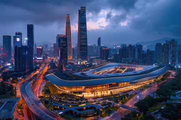 Naklejka premium At night, high-rise buildings in modern cities