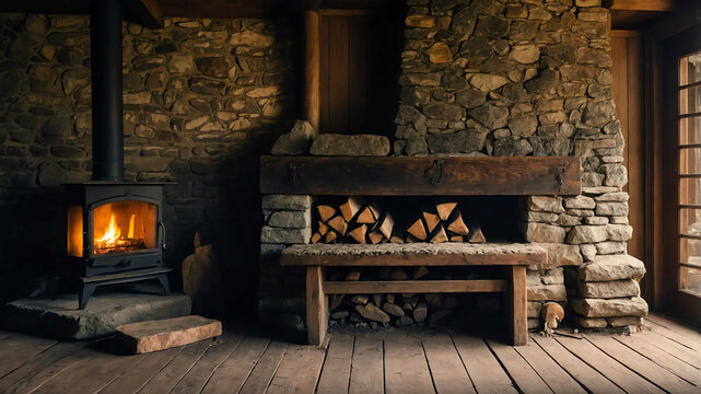 Worn wooden bench beside a crackling stone fireplace in an old inn