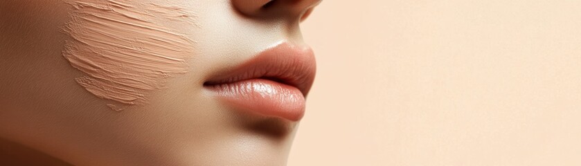 Fototapeta premium Close-up of a woman's face featuring smooth lips and foundation cream applied on skin for a flawless makeup look.