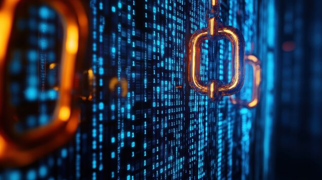 Close-up of glowing data links integrated with blue binary code, symbolizing digital technology and blockchain concepts.