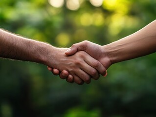Close-up of two hands shaking in an outdoor setting, symbolizing agreement, partnership, and connection amidst nature.