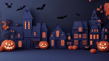 Fototapeta premium ハロウィンコンセプトの夜の街並みとカボチャの背景素材