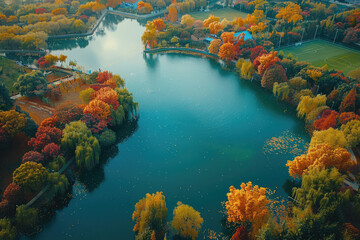 Red trees by the lake in autumn