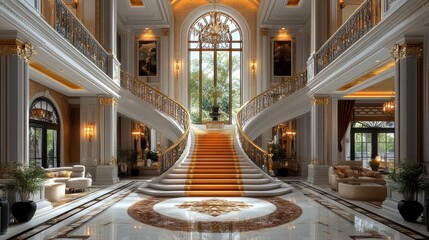 Obraz premium Grand Entrance Hall With Luxurious Staircase and Elegant Decor in a Mansion During Daylight