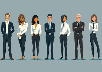 Obraz premium Diverse Group of Business Characters in Formal Attire Standing Confidently Minimalistic Vector Illustration