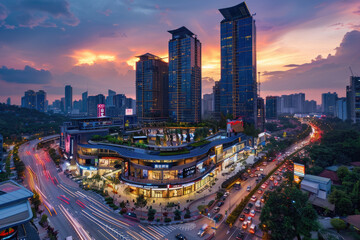 Naklejka premium At night, high-rise buildings in modern cities