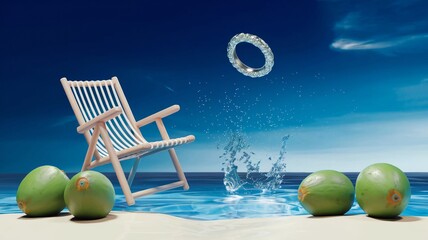 Fototapeta premium Coconut and chair on the beach with sea splash 1
