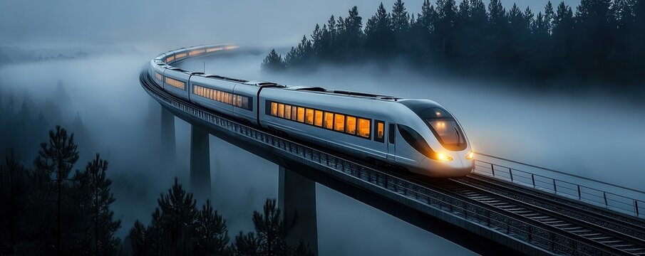 A sleek train glides over a misty bridge, illuminating the foggy landscape with its warm lights, creating a serene and tranquil atmosphere.
