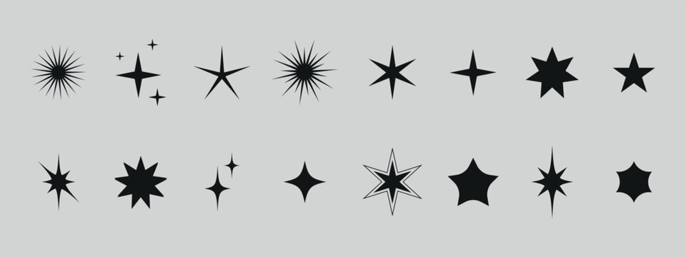 Set of star shapes. Retro futuristic sparkle icons collection. Magic light flare pack for design template, poster, banner, brochure, leaflet. Vector glitter glitter illustration.