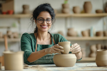 smiling female self-employed pottery artist in creative studio working with raw clay shaping handmade cup or jar.