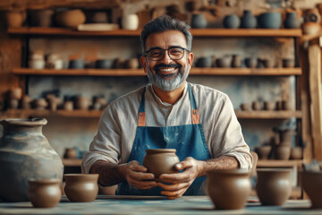 happy modern indian smiling self-employed pottery artist in creative studio working with raw clay shaping handmade cup or jar.