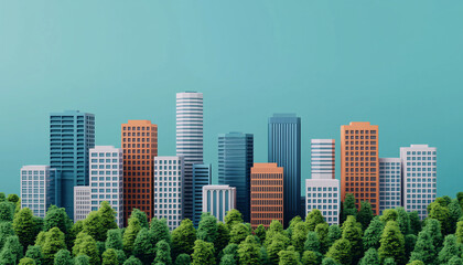 Fototapeta premium A vibrant city skyline featuring modern buildings against a lush green backdrop