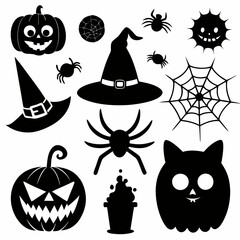 Set of objects silhouettes for Halloween: witch hat, spider, web, pumpkin, cat, bat, skull, eye. Black and white shapes isolated on a white background. Stock vector illustration silhouette on white BG