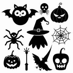 Set of objects silhouettes for Halloween: witch hat, spider, web, pumpkin, cat, bat, skull, eye. Black and white shapes isolated on a white background. Stock vector illustration silhouette on white BG