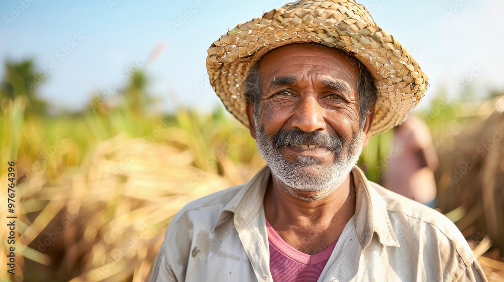 Sticker Indian farmer sugarcane agriculture field