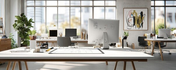 Modern office interior featuring desks, computers, and natural light with artistic decor.