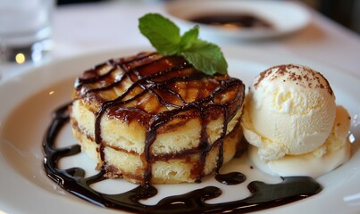Chocolate-Drizzled Cake with Vanilla Ice Cream and Mint Garnish