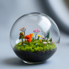A glass globe filled with miniature trees, flowers and a tiny field of meticulously crafted grass
