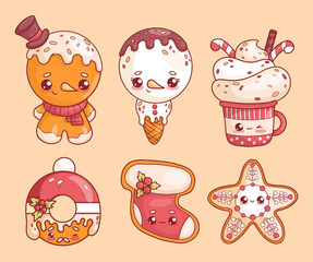 Christmas gingerbread. Cute figurines cookies and ice cream cone funny snowman, cup with cream dessert, Xmas sock, star and Santa donut with drops of glaze. Isolated vector holiday kawaii characters