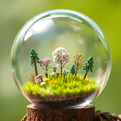 A glass globe filled with miniature trees, flowers and a tiny field of meticulously crafted grass