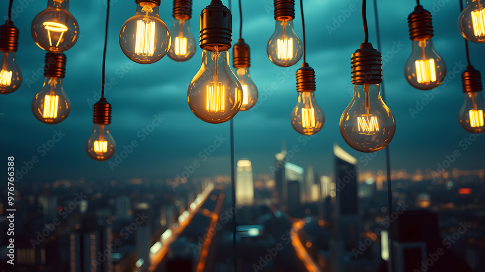 Wall mural lightbulbs of different shapes and sizes floating above a cityscape, diverse ideas, creative busines