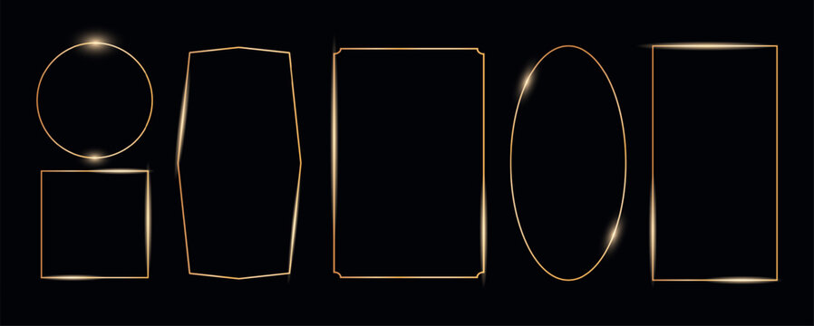 Golden geometric frames with shine in art deco style. Luxury gold borders for for wedding invitation. Thin line oval and rectangle set for invitation decoration. Vector illustration isolated on black 