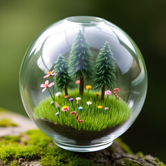 A glass globe filled with miniature trees, flowers and a tiny field of meticulously crafted grass