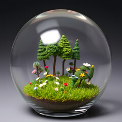 A glass globe filled with miniature trees, flowers and a tiny field of meticulously crafted grass