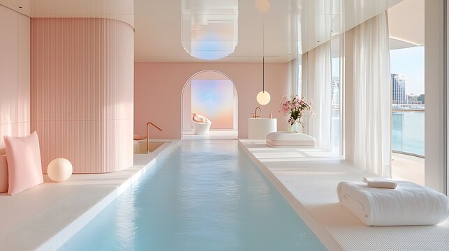 An avant-garde wellness cruise with shifting holographic spa treatments and bioluminescent relaxation decks promoting rejuvenating travel