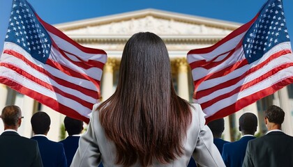 american flag standing in front of people holding American flags near an American government office