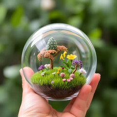 A glass globe filled with miniature trees, flowers and a tiny field of meticulously crafted grass