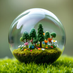 A glass globe filled with miniature trees, flowers and a tiny field of meticulously crafted grass