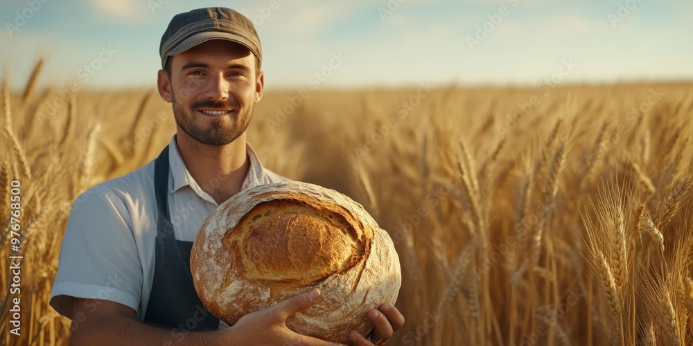 Wall mural A proud baker stands in a golden wheat field holding a freshly baked loaf of bread. The farmer style captures the essence of traditional baking and agriculture. Perfect for farm, food,