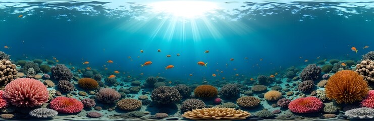 Obraz premium 360 degree Underwater Coral Reef, A 360-degree underwater image of a vibrant coral reef, filled with colorful fish, corals of various shapes and sizes, and sunlight piercing through the water.
