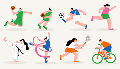 Vector of women and man character playing soccer basketball running karate tennis gymnastics