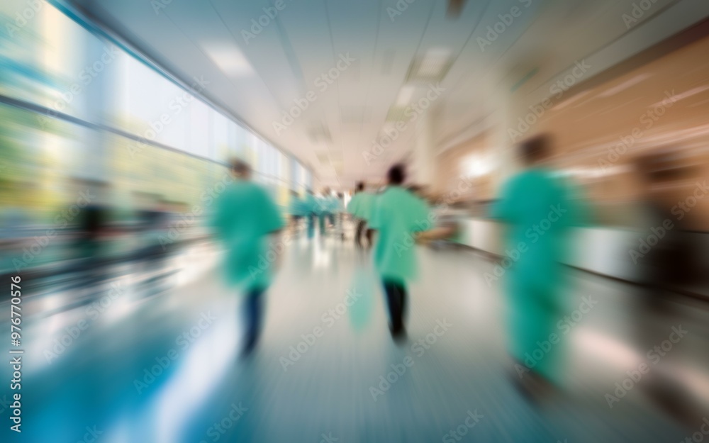 Poster blurred image of people in green scrubs walking through an empty hallway, with a bright light in the