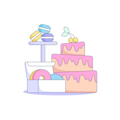 Variety of desserts with donuts, macarons and cake