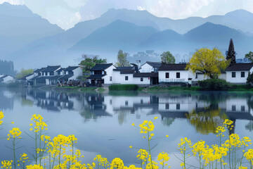 Fototapeta premium In spring, rapeseed flowers bloom, and houses by the lake