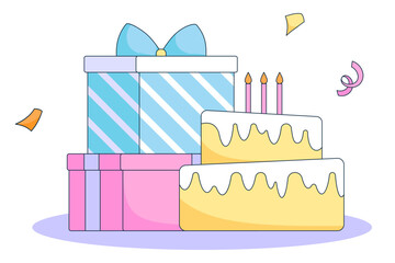 Birthday cake, confetti and presents