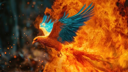 Fiery Phoenix with Blue and Orange Feathers Ascending from Flames, Symbol of Renewal and Strength
