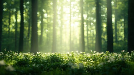Fototapeta premium A serene forest scene with soft sunlight filtering through trees, illuminating a lush carpet of flowers and greenery.