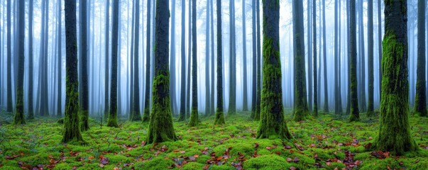 A tranquil forest scene with tall trees, misty atmosphere, and lush green moss covering the ground, perfect for nature lovers.