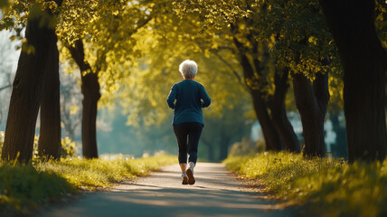 Obraz premium Elderly woman jogging on a tree-lined path embracing a healthy and active lifestyle