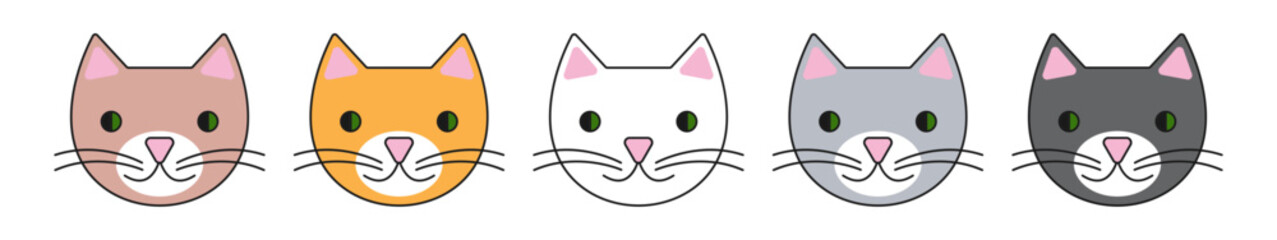 Cat faces colored flat icons isolated vector cliparts