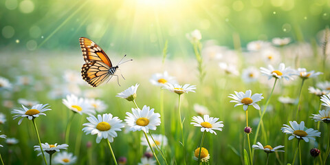 Lush meadow field with chamomile flowers and a butterfly fluttering among the blooms, nature, meadow, field, flowers