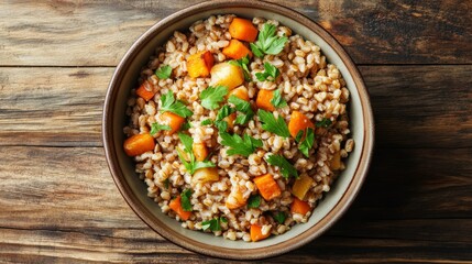 32. High-angle view of a wholesome dinner featuring a bowl of steaming organic farro grain, topped with roasted vegetables and fresh parsley, placed on a wooden surface