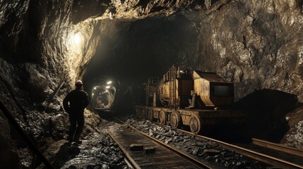 Naklejka premium A miner working deep underground, surrounded by rock and machinery.